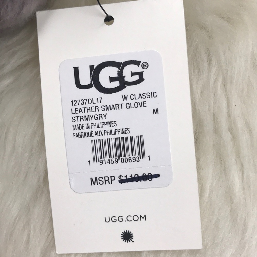 UGG Fur Trimmed Smart Stormy Gray Leather Gloves - Picture 3 of 5